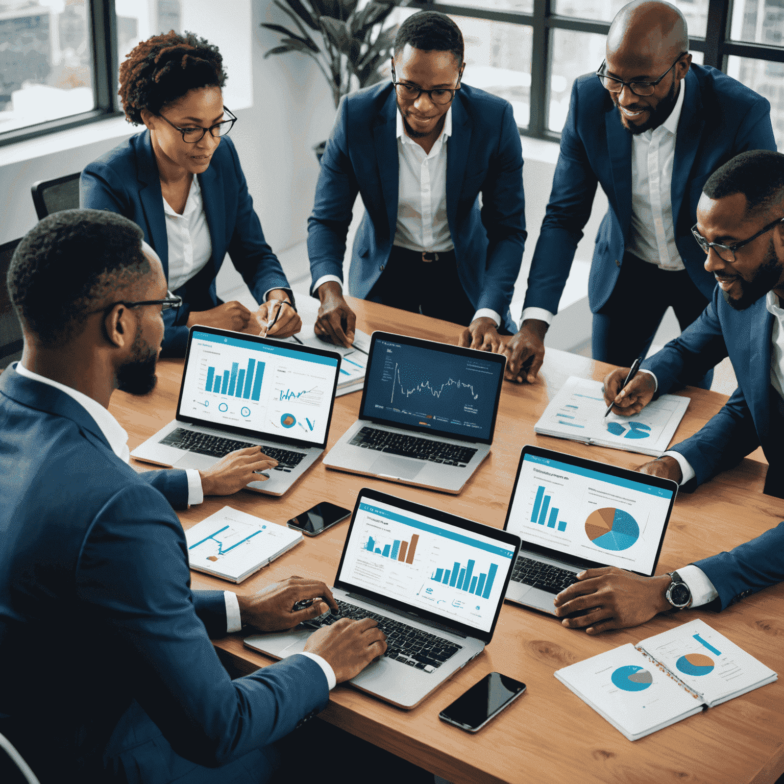 A diverse team of South African business consultants collaborating on a digital transformation project, showcasing mobile devices and laptops with charts and graphs