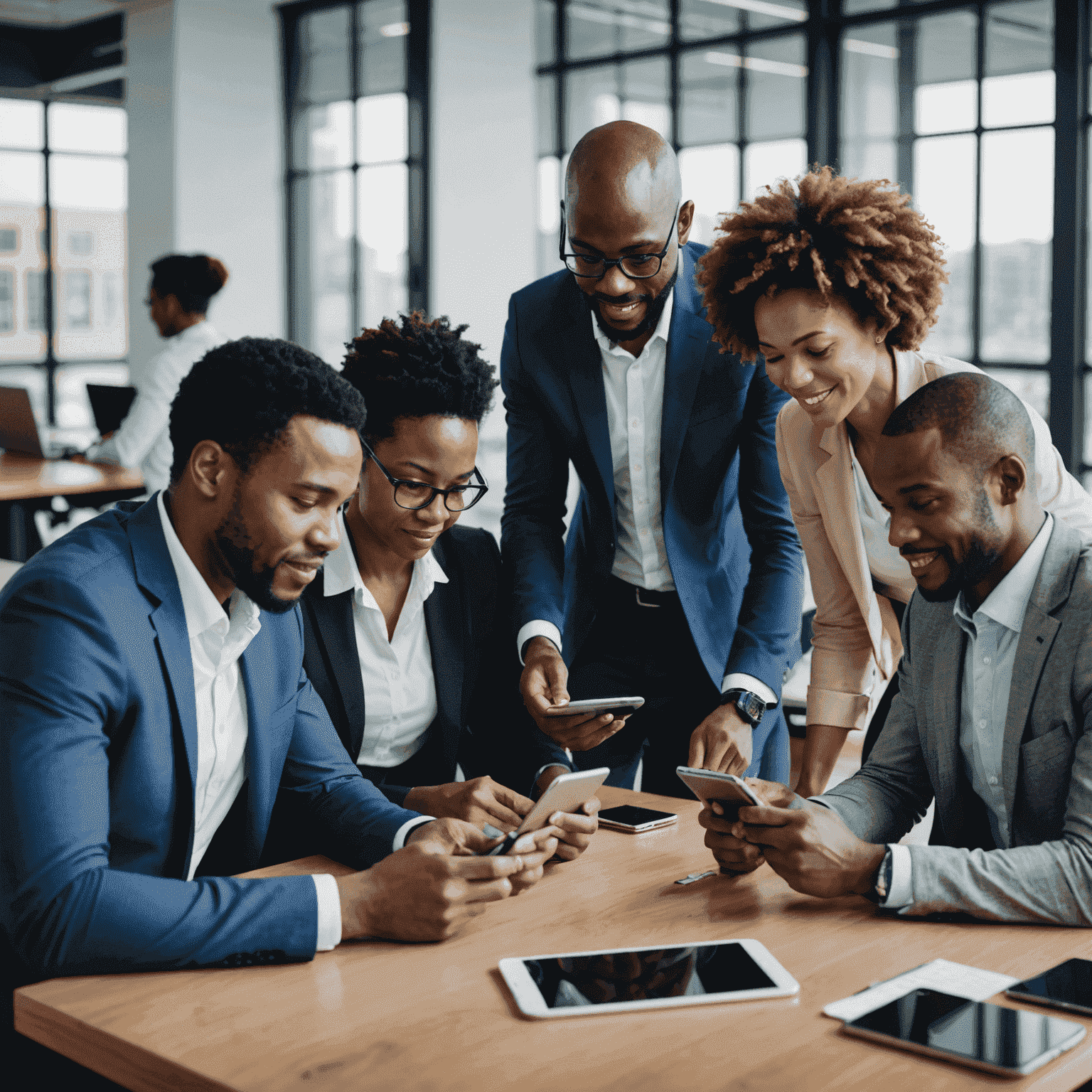 A diverse group of South African business professionals using mobile devices in a modern office setting, showcasing the integration of mobile technology in the workplace