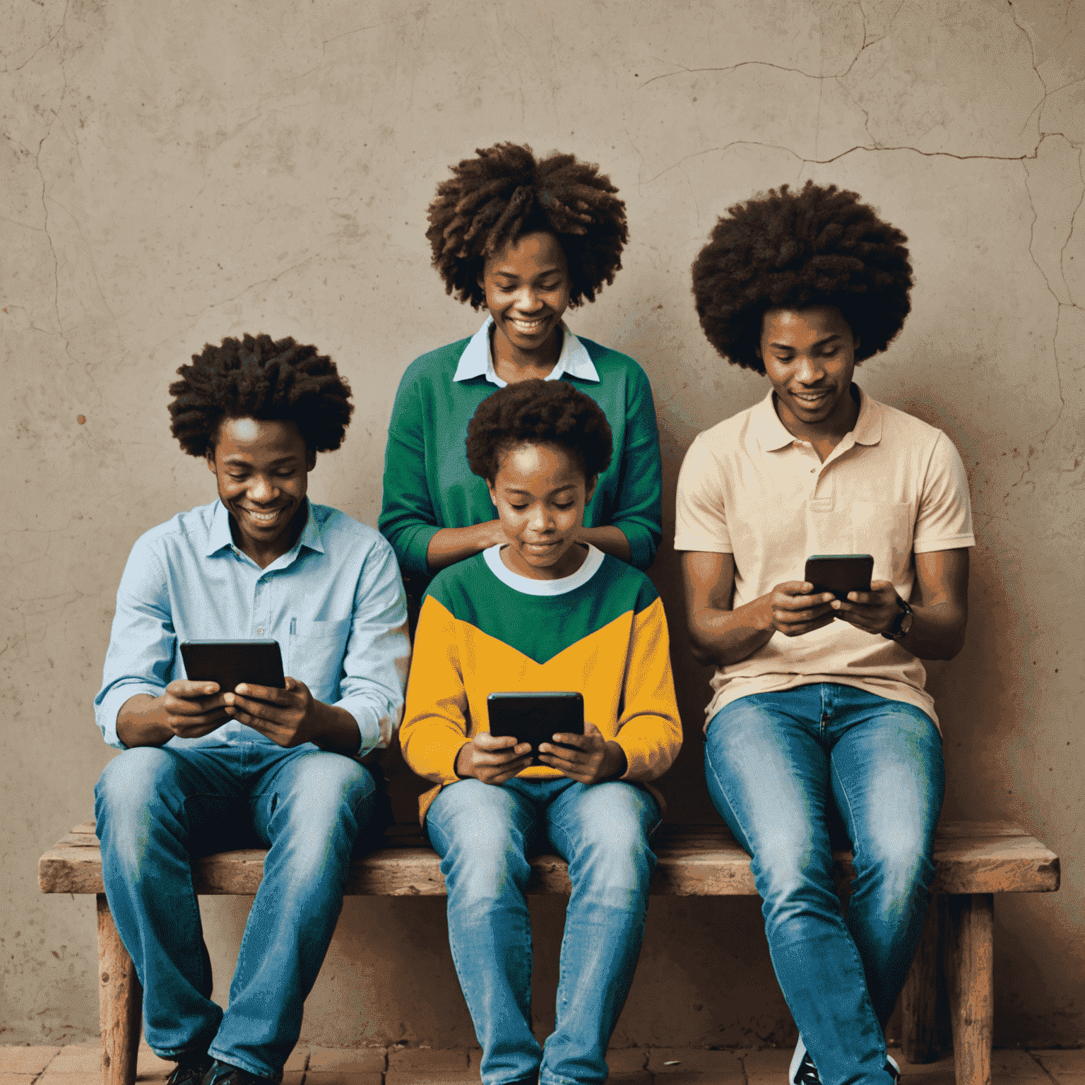 A diverse group of South Africans using various digital devices, symbolizing digital inclusion across different communities