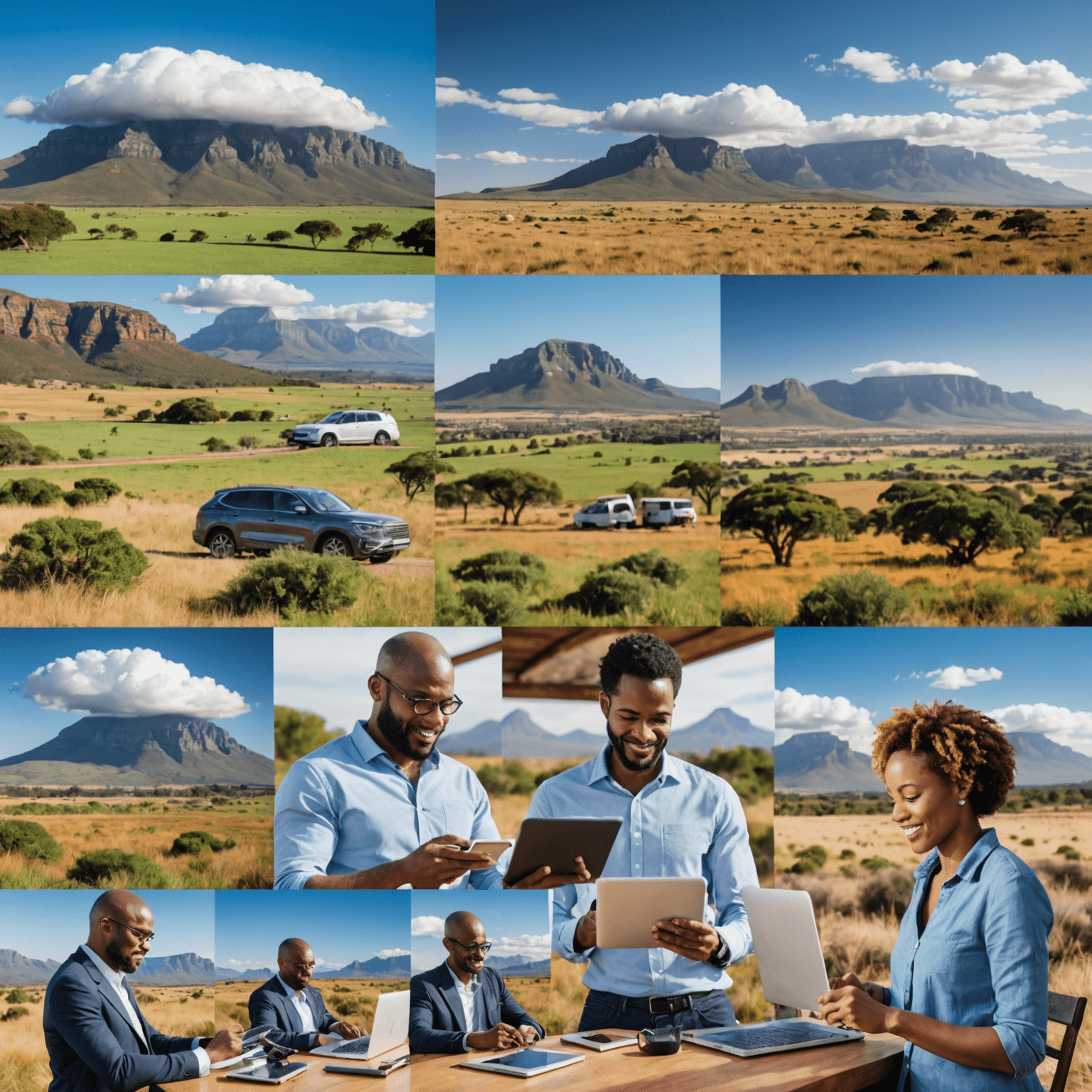 A collage showing South African small business owners using cloud-based applications on various devices, with iconic South African landscapes in the background