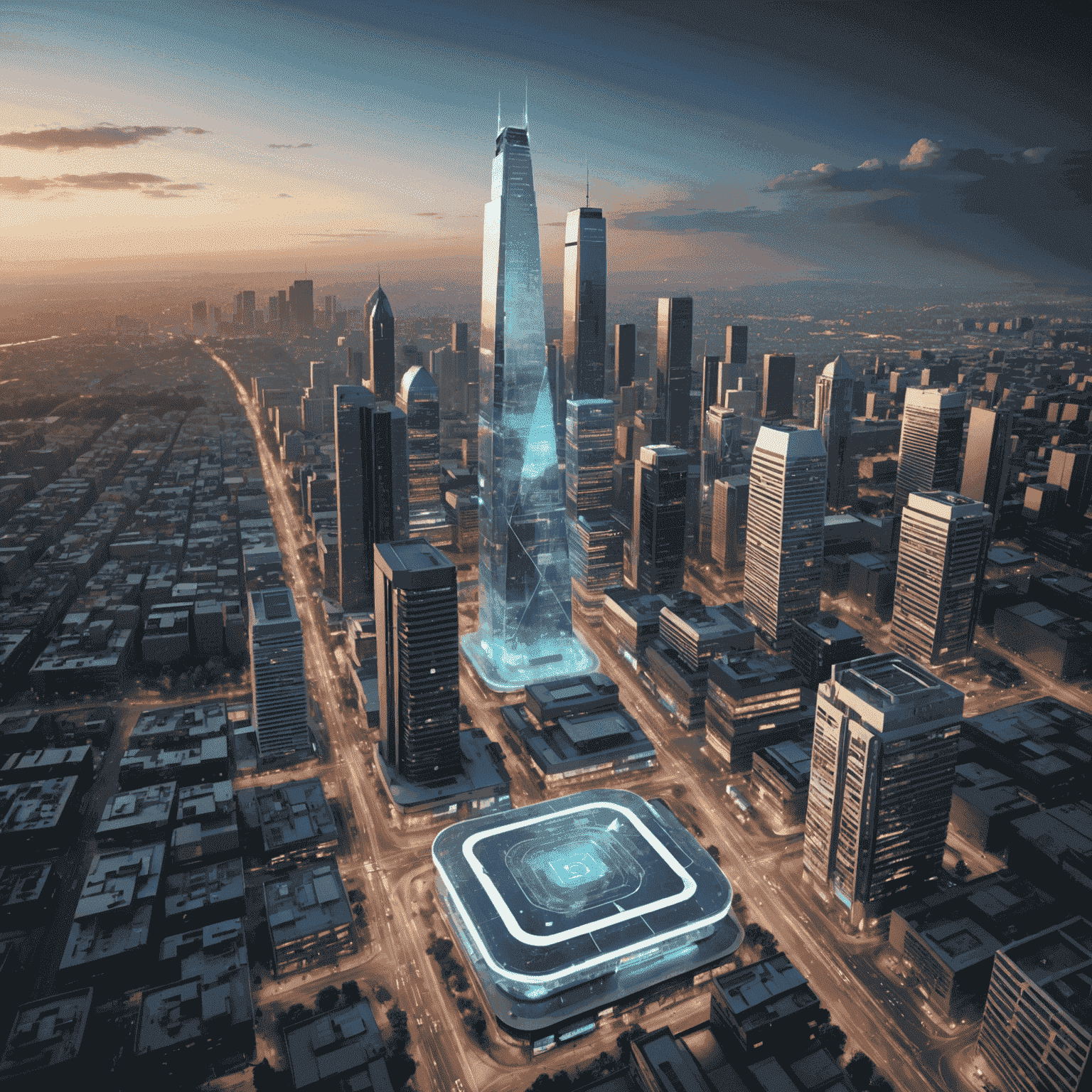 A futuristic cityscape of Johannesburg with holographic AI interfaces overlaying buildings and infrastructure, symbolizing the integration of AI in South Africa's urban development