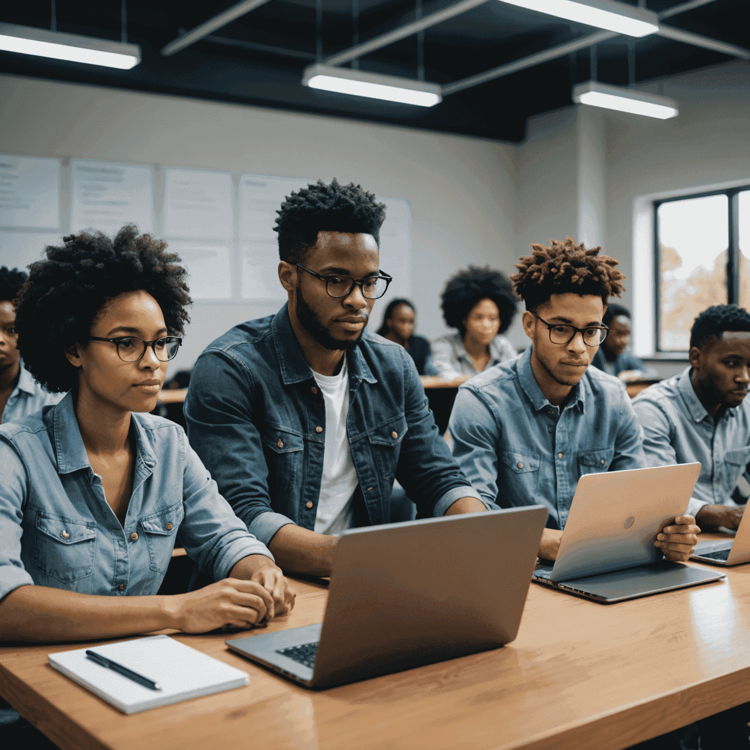 A diverse group of South African students and professionals engaged in digital skills training, using laptops and tablets in a modern classroom setting