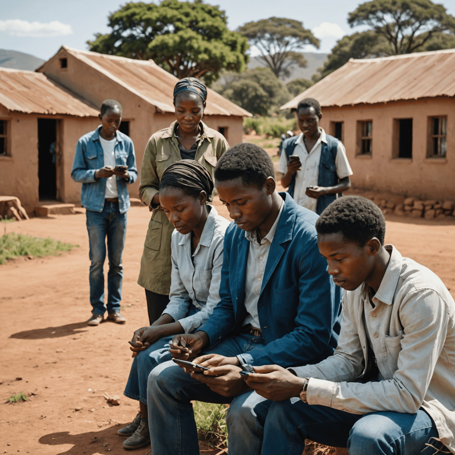 A group of people in a rural South African setting using smartphones to access various services like education, banking, and healthcare