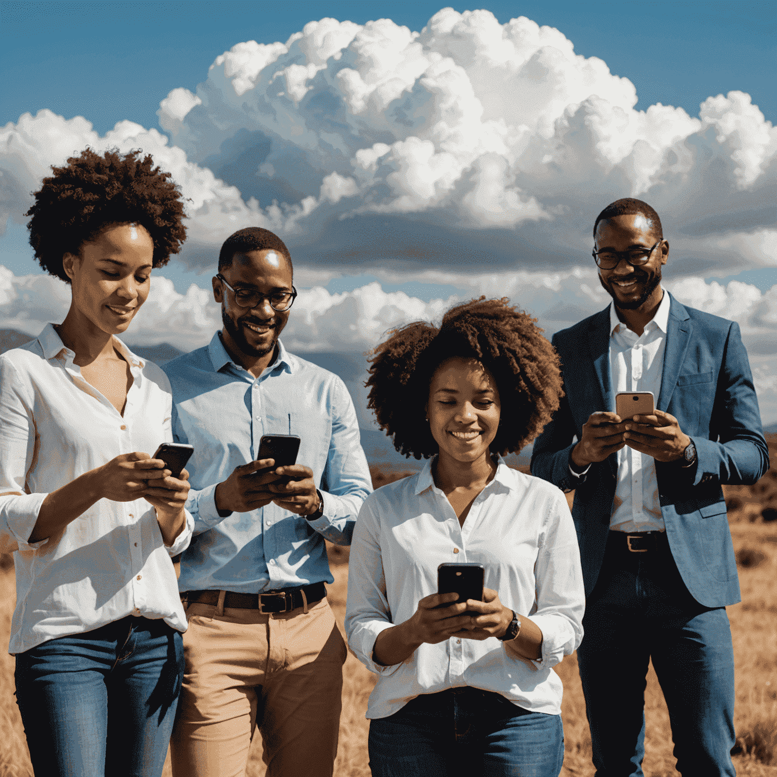 A group of diverse South African entrepreneurs using smartphones to access cloud-based business applications