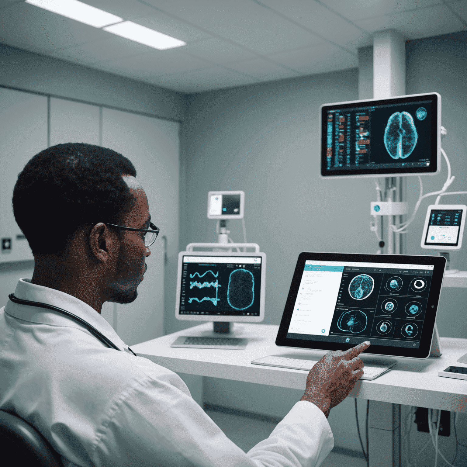 A modern South African hospital room with AI-powered diagnostic equipment and a doctor using a tablet to review AI-generated patient data