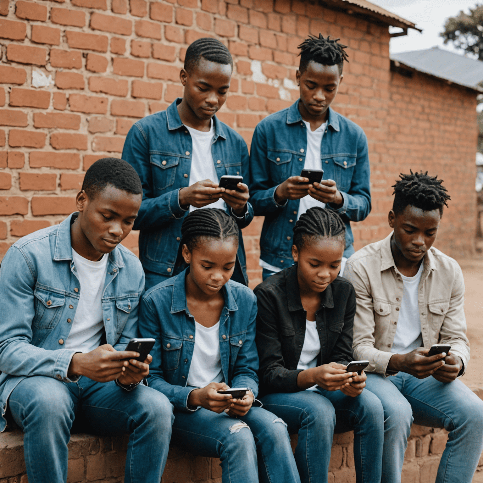 A group of young South Africans in both urban and rural settings using smartphones for digital skills learning, showcasing the mobile-first approach