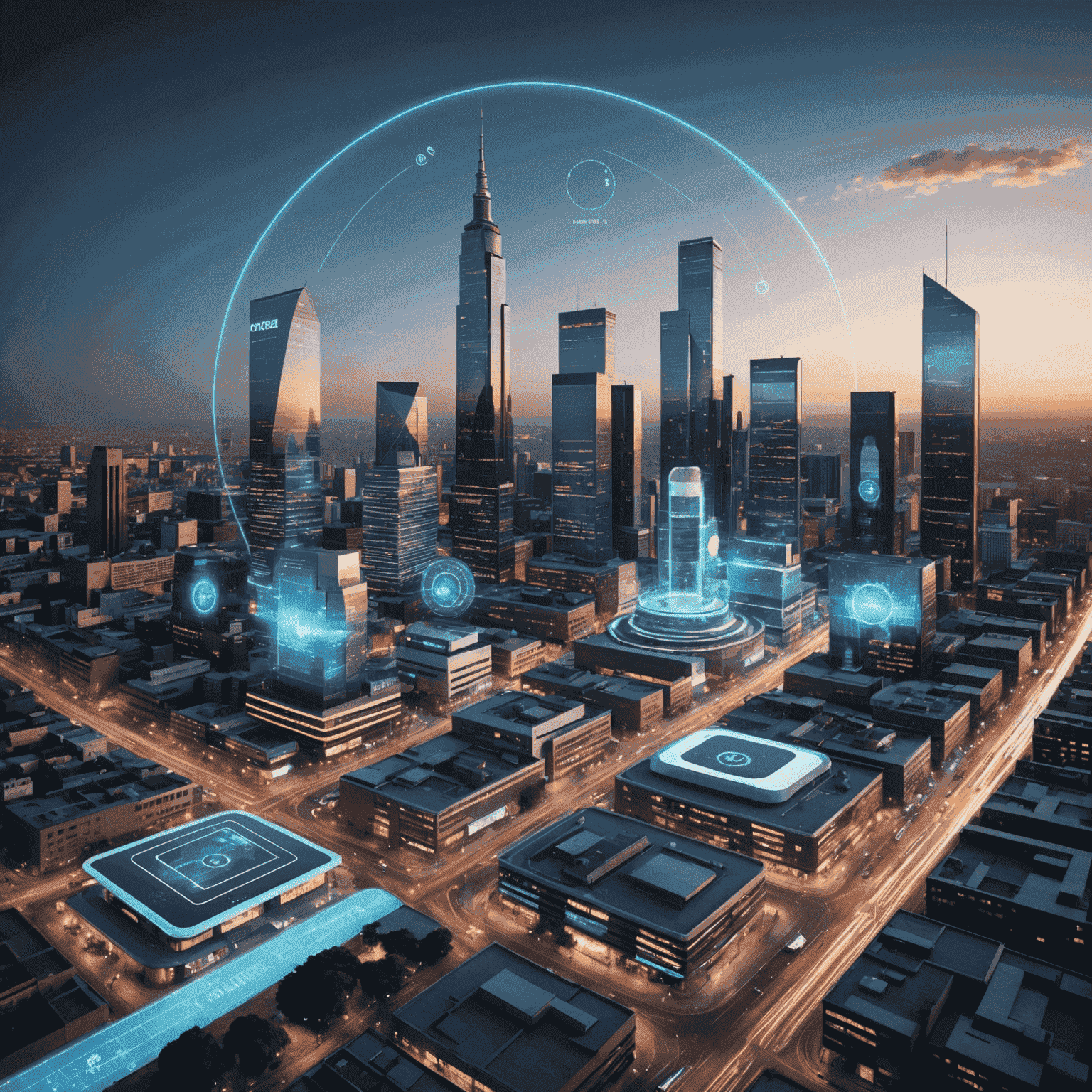 A futuristic cityscape of Johannesburg with holographic displays showing mobile technology advancements and business analytics