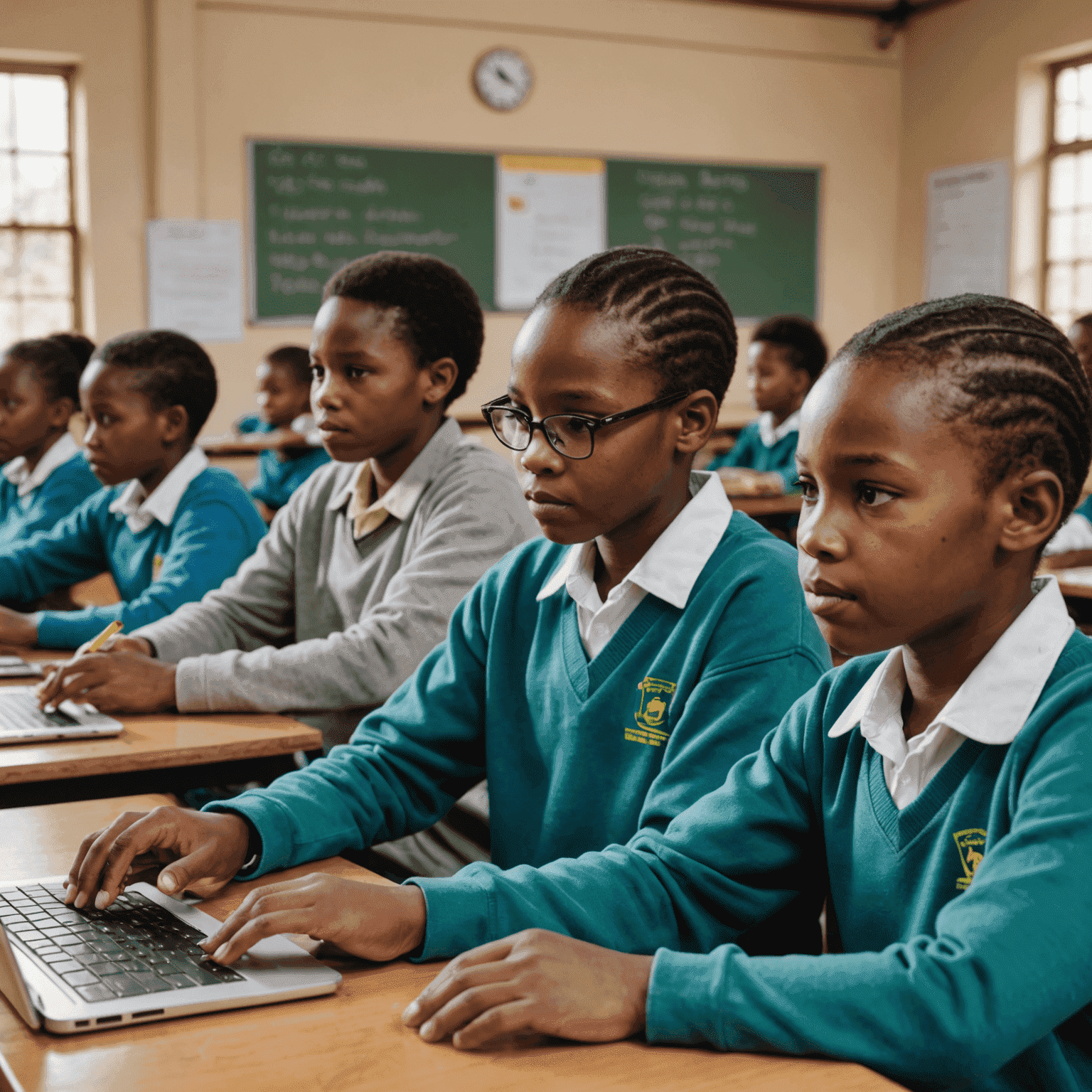 A classroom setting in South Africa where people of various ages are engaged in digital skills training, using computers and tablets