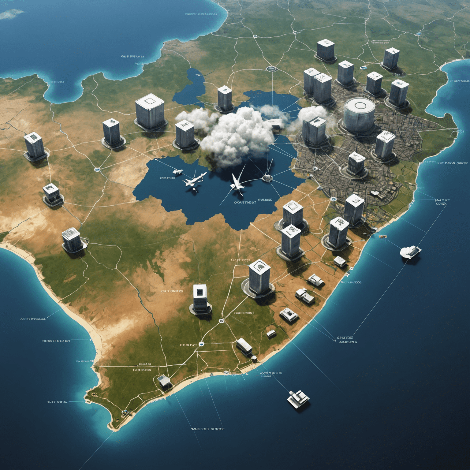 A visual representation of secure cloud data transfer over a map of South Africa, highlighting major business centers