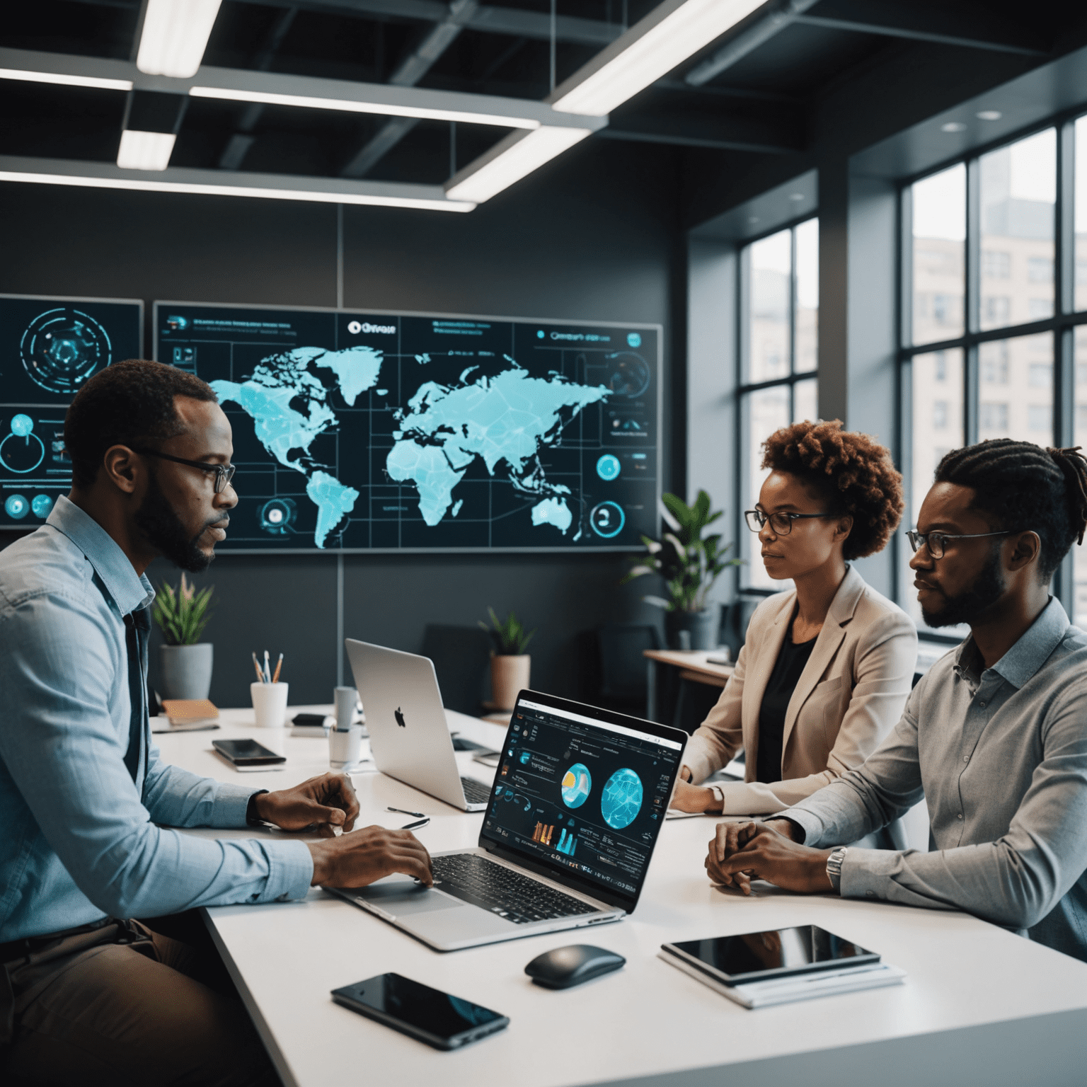 A diverse group of South African professionals collaborating in a modern office space, using AI-powered tools and holographic displays for data analysis